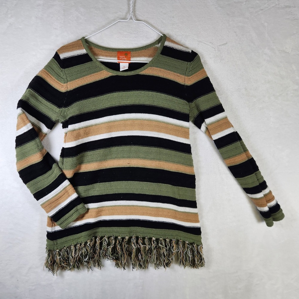 Hearts of Palm Petite Striped Fringe Knit Sweater Olive Black Tan White